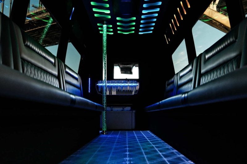 low angle interior shot of 20 seater party limo